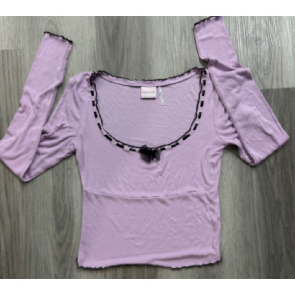 Out From Under y2k Lilac Ribbed Long Sleeve Bow Top Large Coquette babydoll